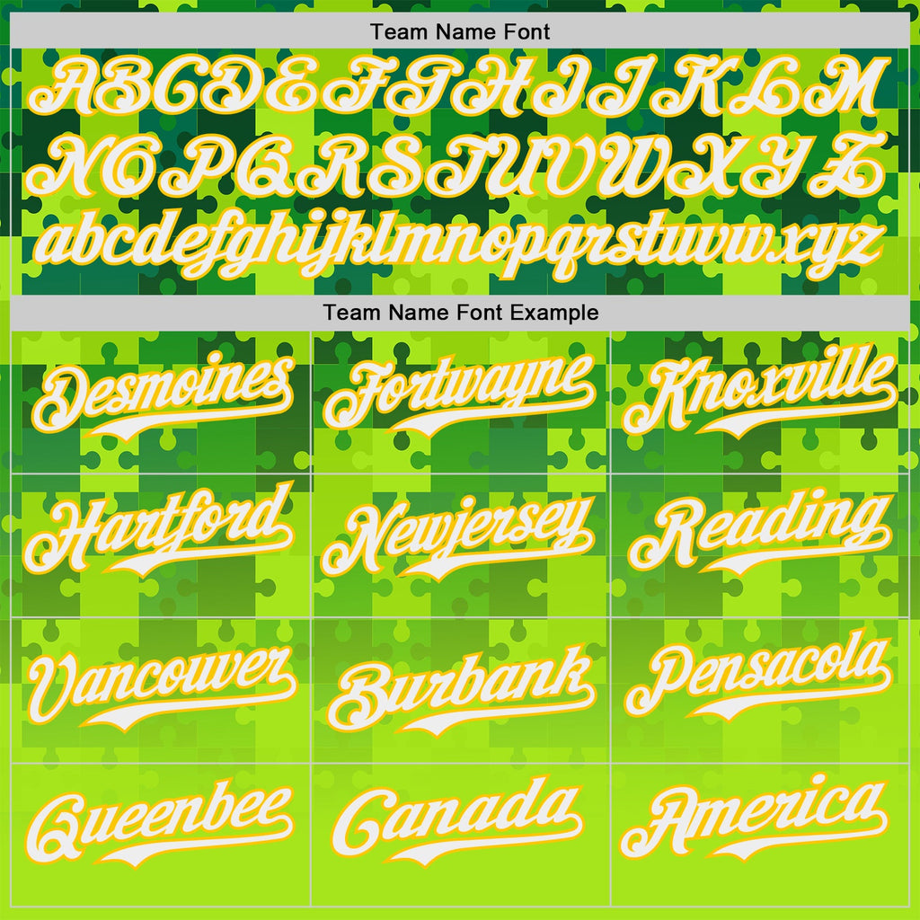 Custom Green White-Yellow Puzzle 3D Pattern Design Authentic Baseball Jersey