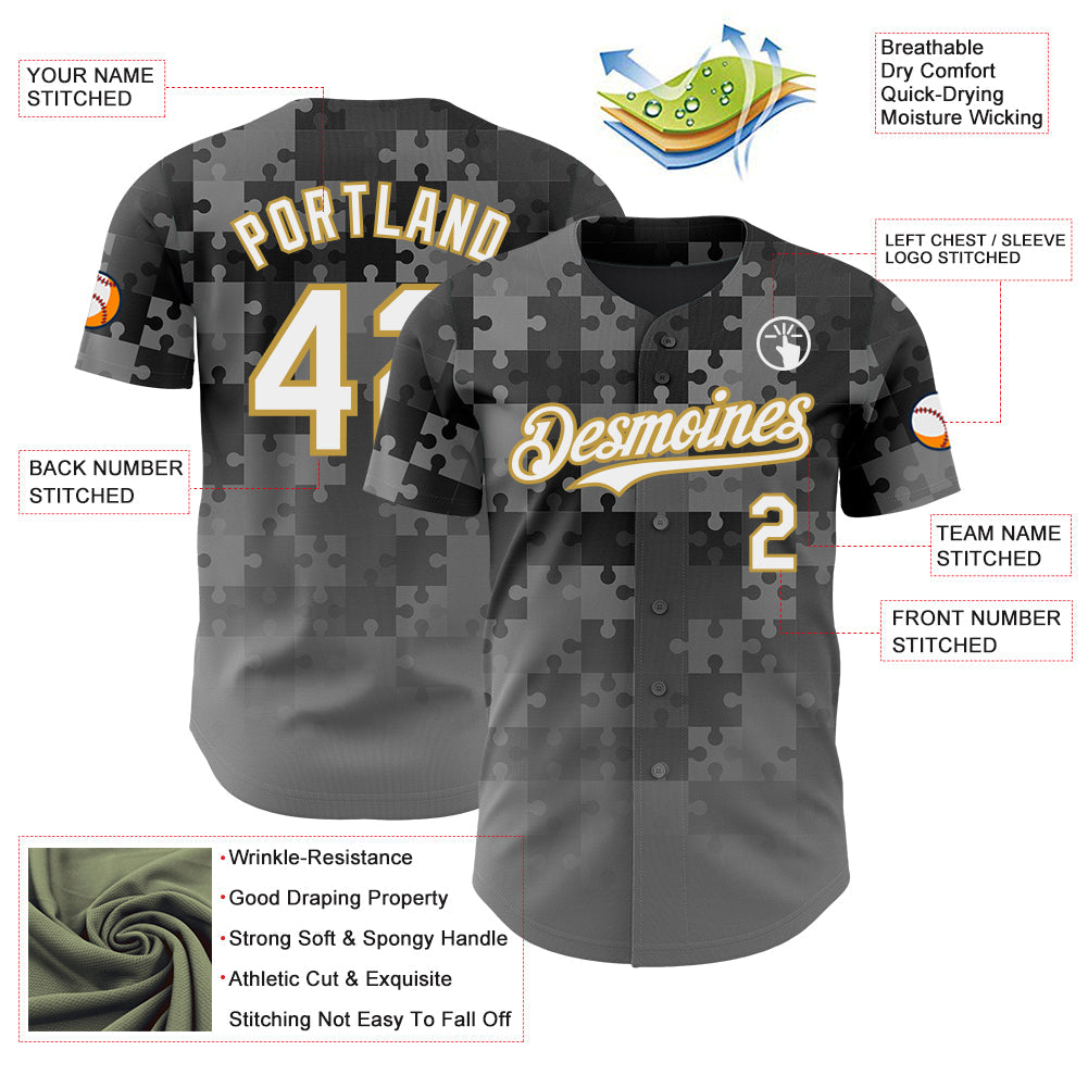 Custom Steel Gray White-Old Gold Puzzle 3D Pattern Design Authentic Baseball Jersey
