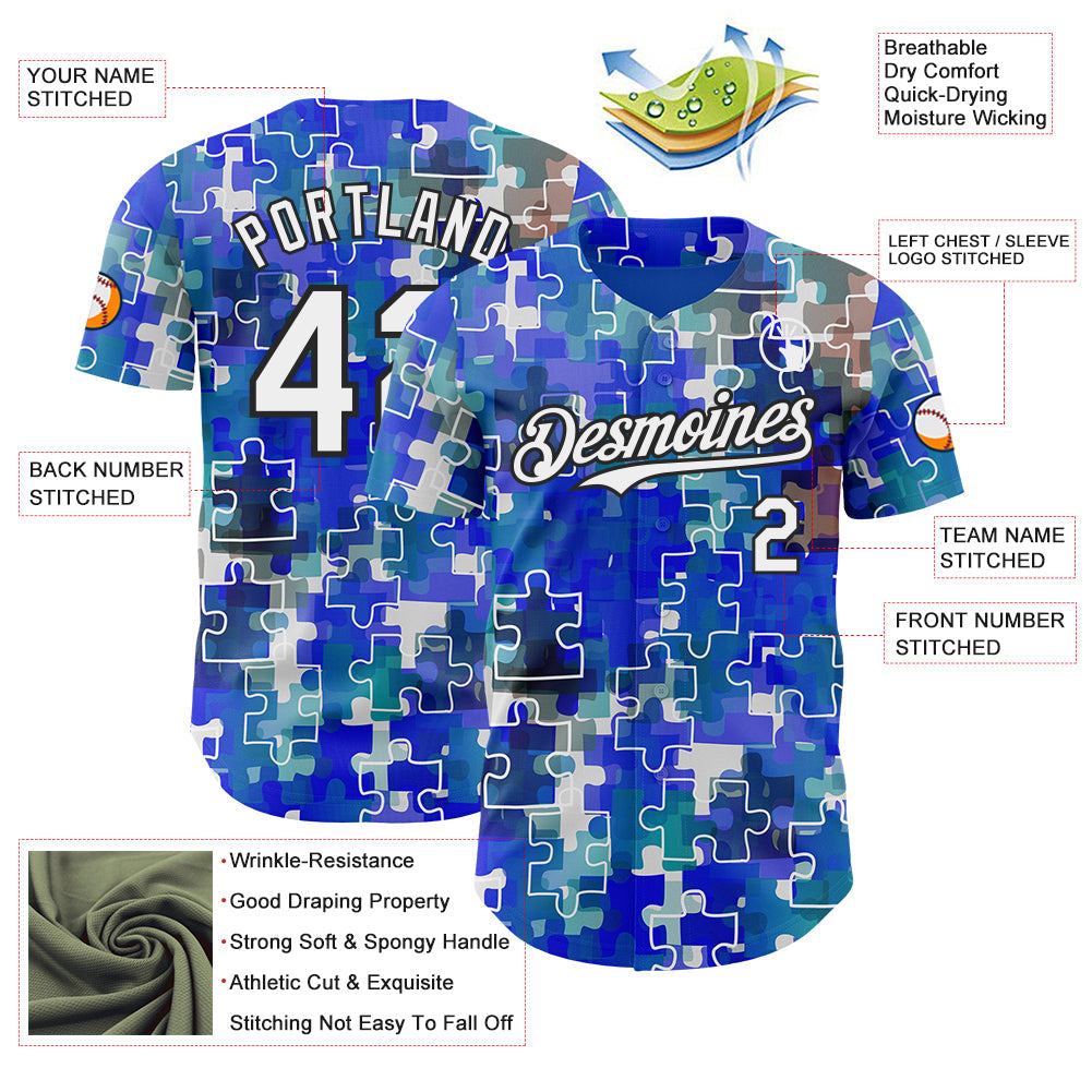 Custom Electric Blue White-Black Puzzle 3D Pattern Design Authentic Baseball Jersey