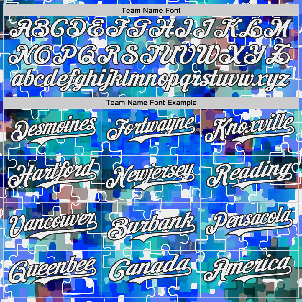 Custom Electric Blue White-Black Puzzle 3D Pattern Design Authentic Baseball Jersey