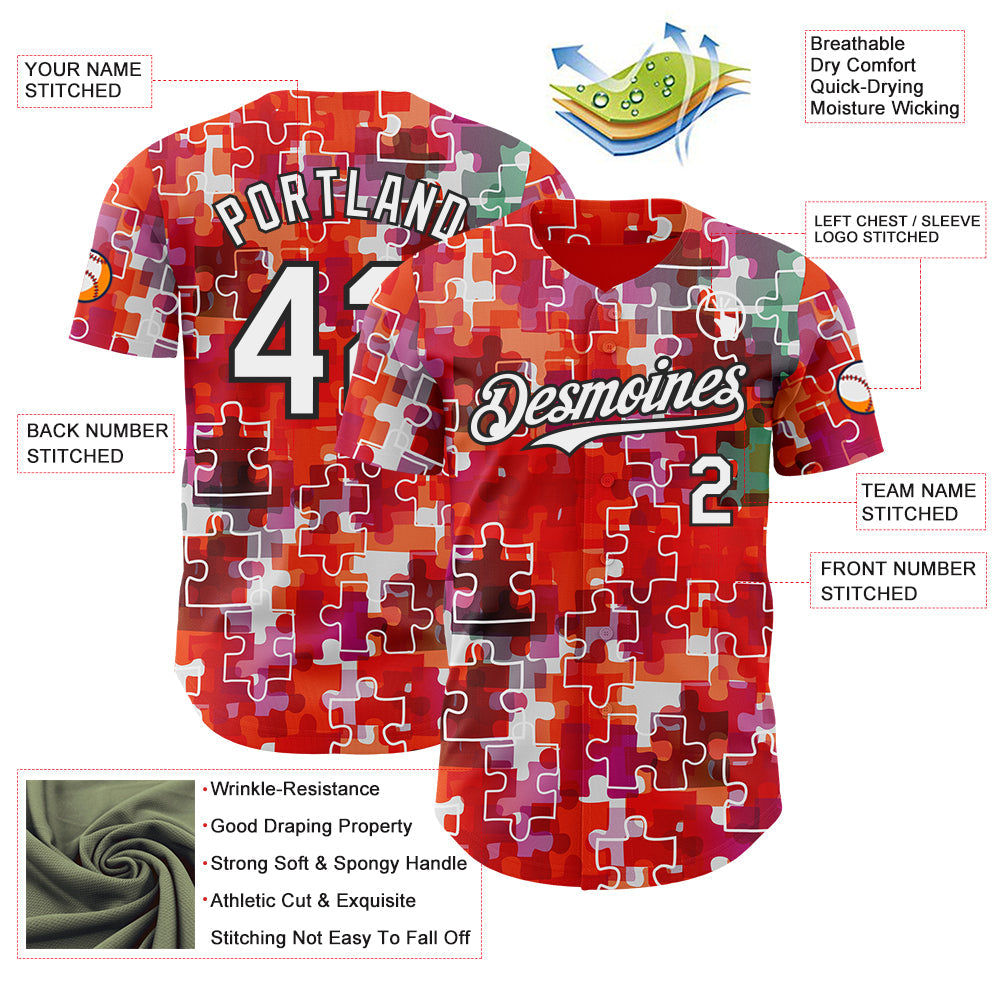 Custom Red White-Black Puzzle 3D Pattern Design Authentic Baseball Jersey