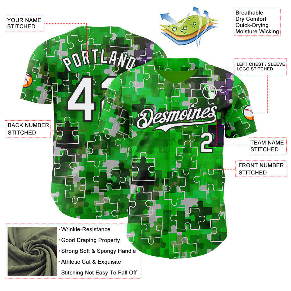 Custom Green White-Black Puzzle 3D Pattern Design Authentic Baseball Jersey