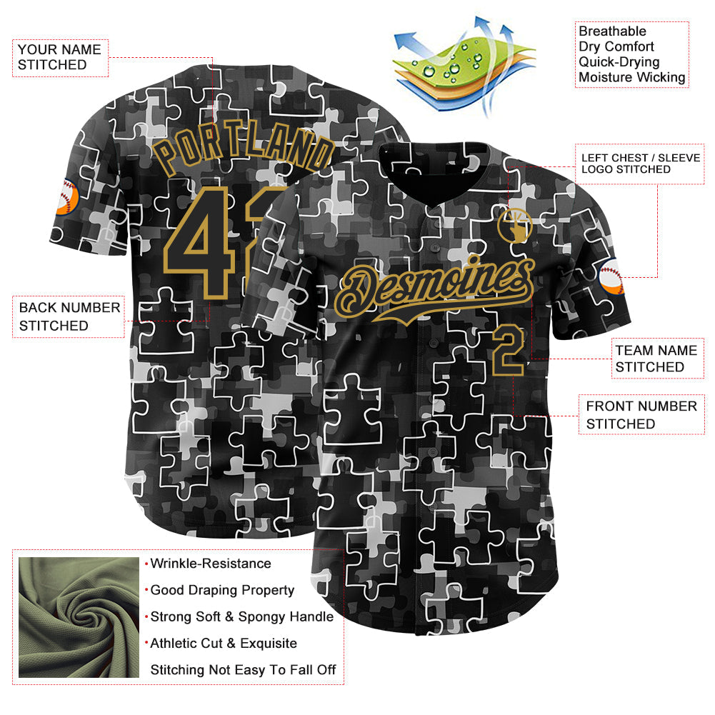 Custom Black-Old Gold Puzzle 3D Pattern Design Authentic Baseball Jersey