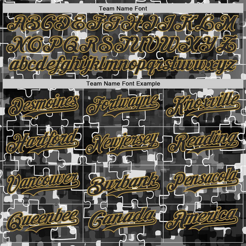 Custom Black-Old Gold Puzzle 3D Pattern Design Authentic Baseball Jersey