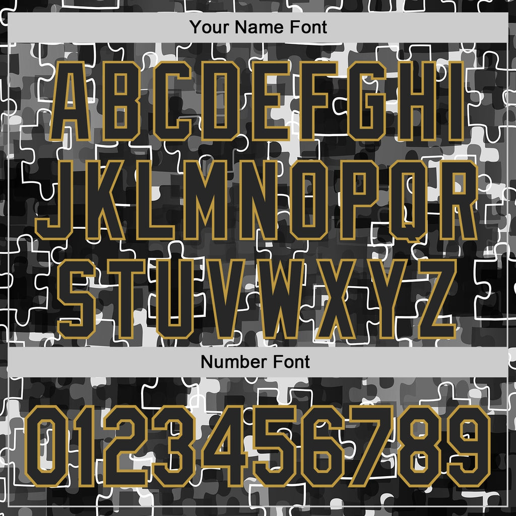Custom Black-Old Gold Puzzle 3D Pattern Design Authentic Baseball Jersey