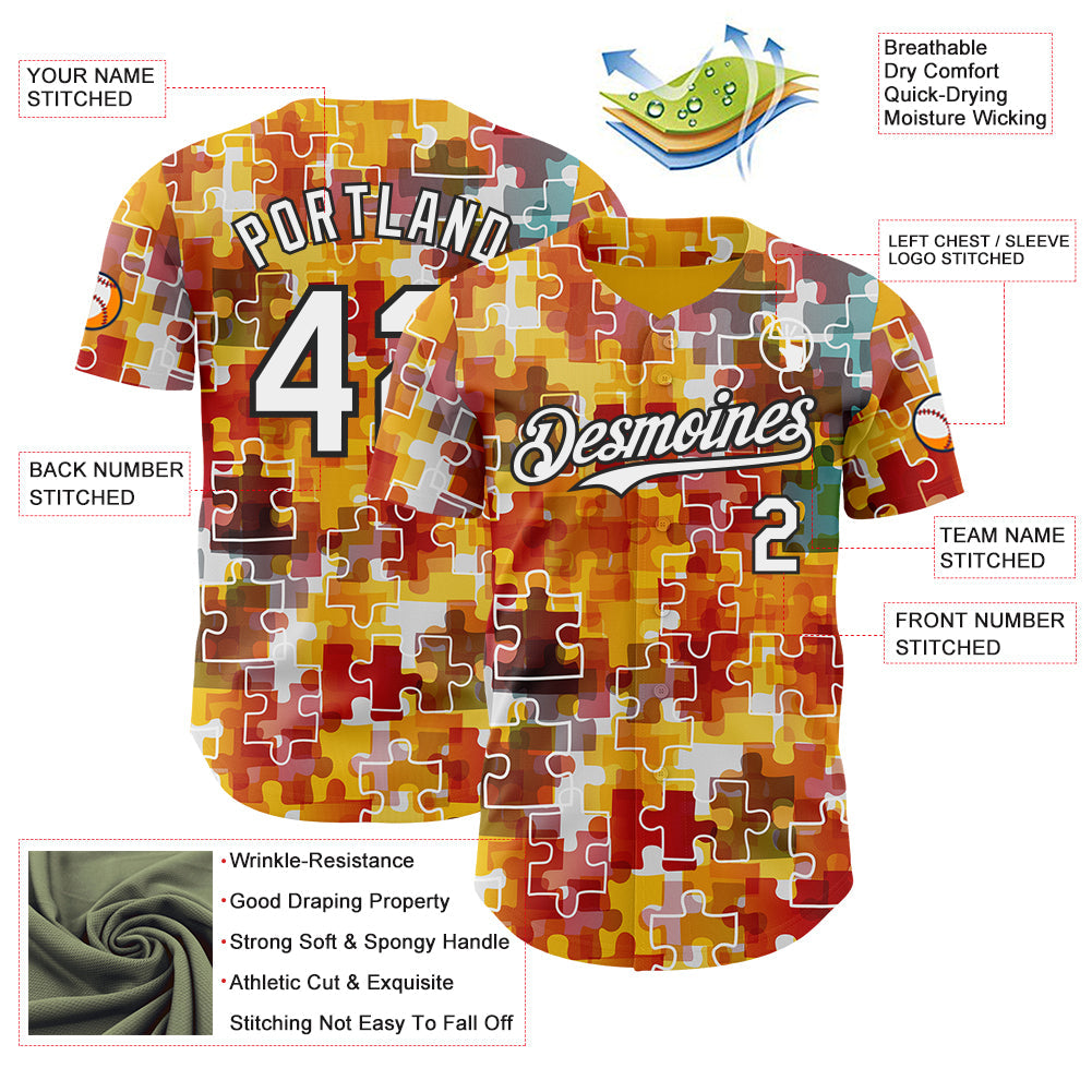 Custom Gold White-Black Puzzle 3D Pattern Design Authentic Baseball Jersey
