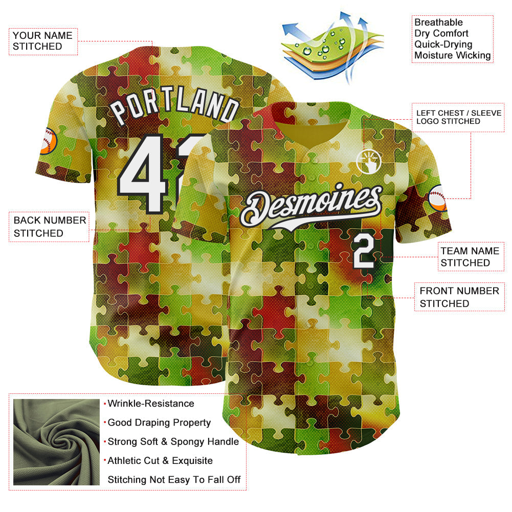 Custom Green White-Black Puzzle 3D Pattern Design Authentic Baseball Jersey