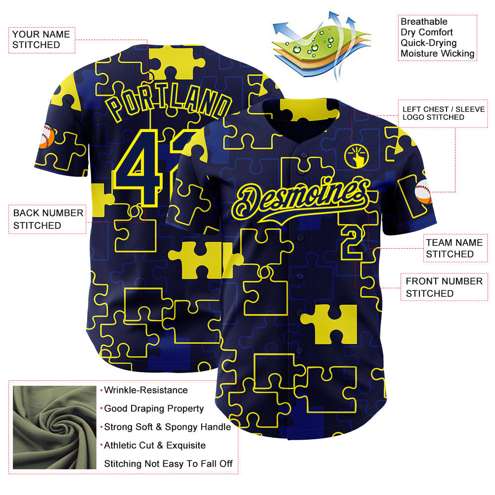 Custom Navy-Light Yellow Puzzle 3D Pattern Design Authentic Baseball Jersey