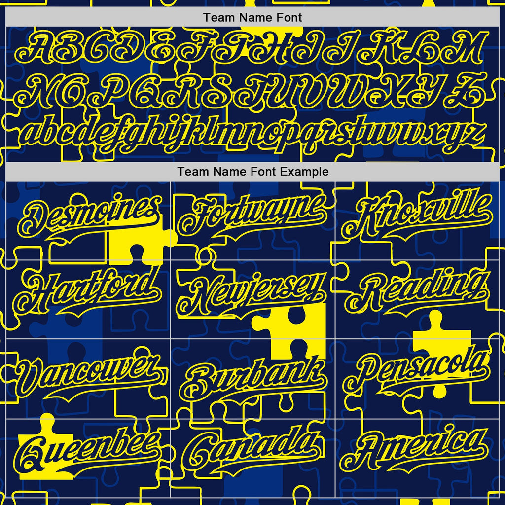 Custom Navy-Light Yellow Puzzle 3D Pattern Design Authentic Baseball Jersey