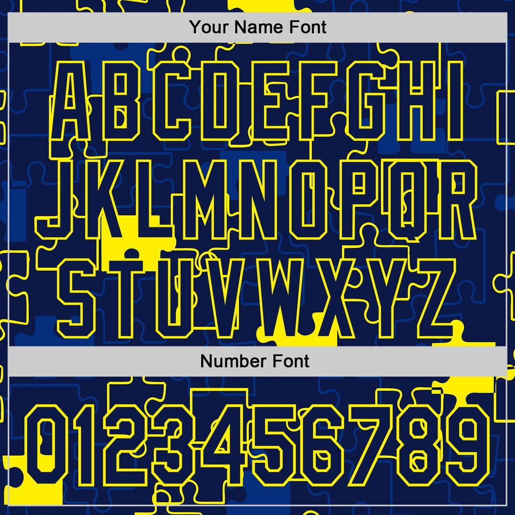 Custom Navy-Light Yellow Puzzle 3D Pattern Design Authentic Baseball Jersey