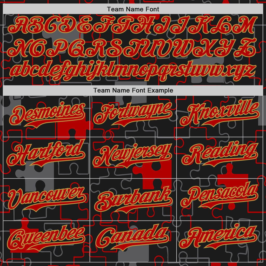 Custom Black Red-Old Gold Puzzle 3D Pattern Design Authentic Baseball Jersey