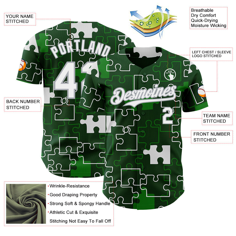 Custom Green White-Gray Puzzle 3D Pattern Design Authentic Baseball Jersey
