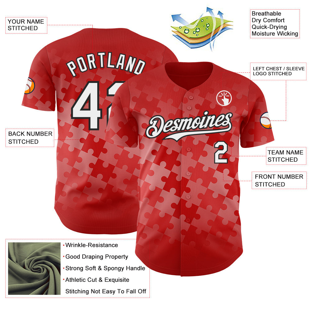 Custom Red White-Black Puzzle 3D Pattern Design Authentic Baseball Jersey