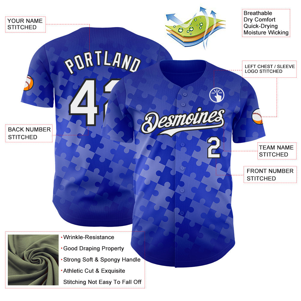 Custom Thunder Blue White-Black Puzzle 3D Pattern Design Authentic Baseball Jersey