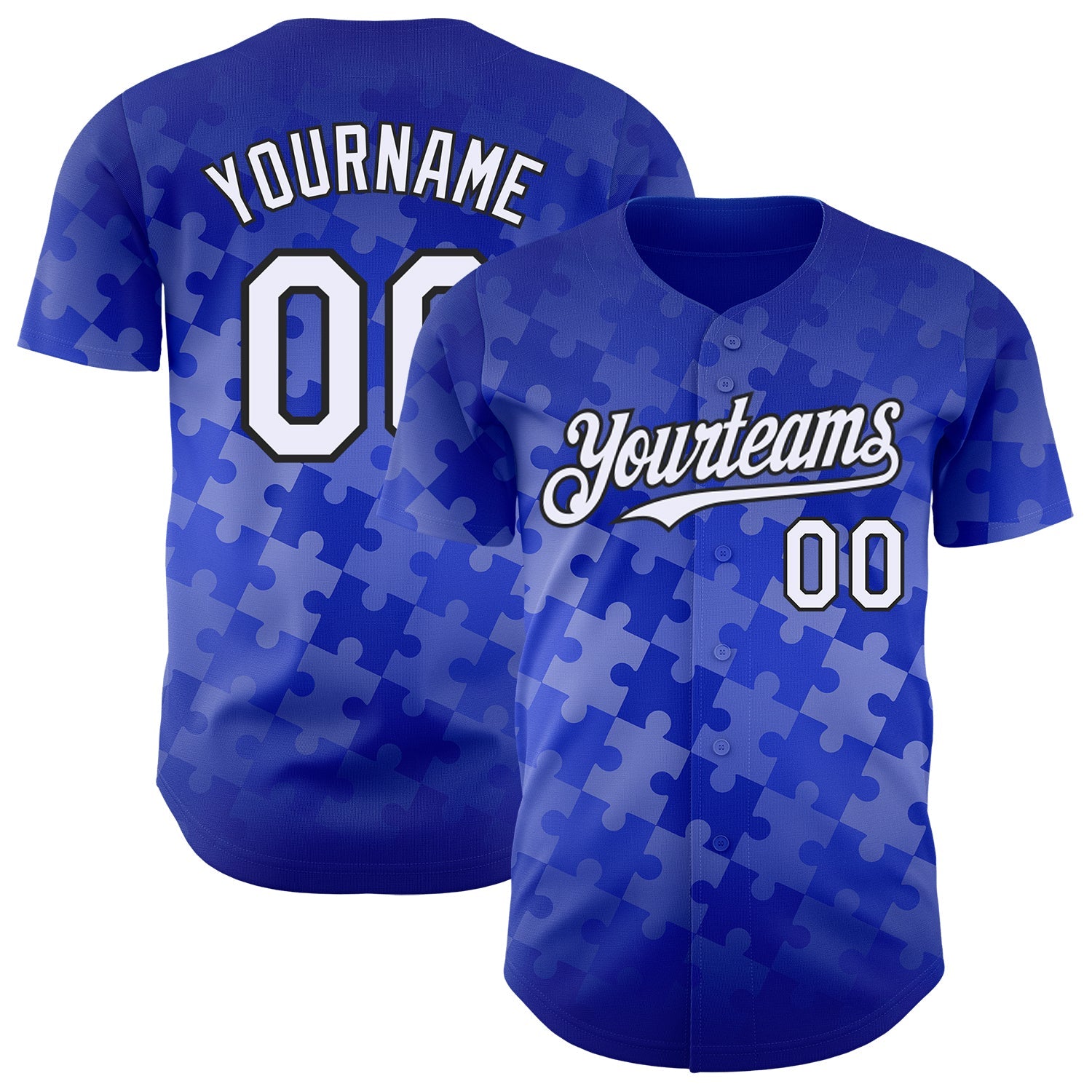 Custom Thunder Blue White-Black Puzzle 3D Pattern Design Authentic Baseball Jersey