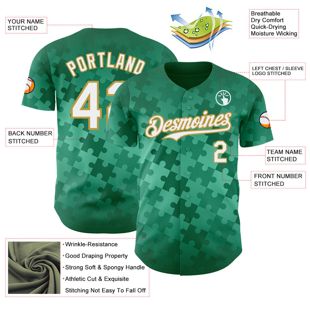 Custom Kelly Green White-Old Gold Puzzle 3D Pattern Design Authentic Baseball Jersey