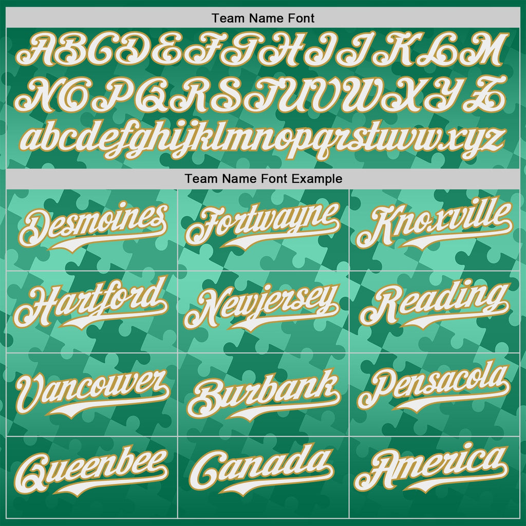 Custom Kelly Green White-Old Gold Puzzle 3D Pattern Design Authentic Baseball Jersey