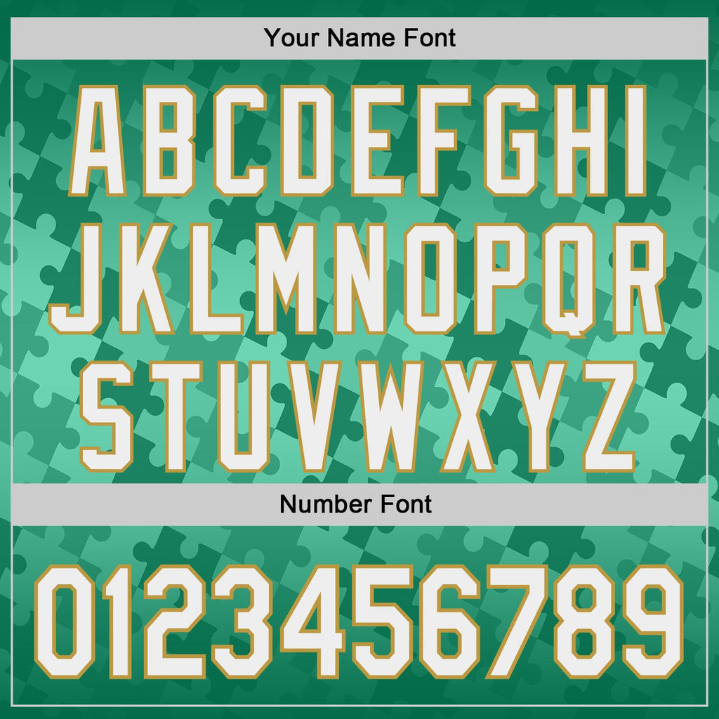 Custom Kelly Green White-Old Gold Puzzle 3D Pattern Design Authentic Baseball Jersey