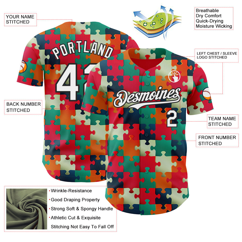 Custom Red White-Black Puzzle 3D Pattern Design Authentic Baseball Jersey