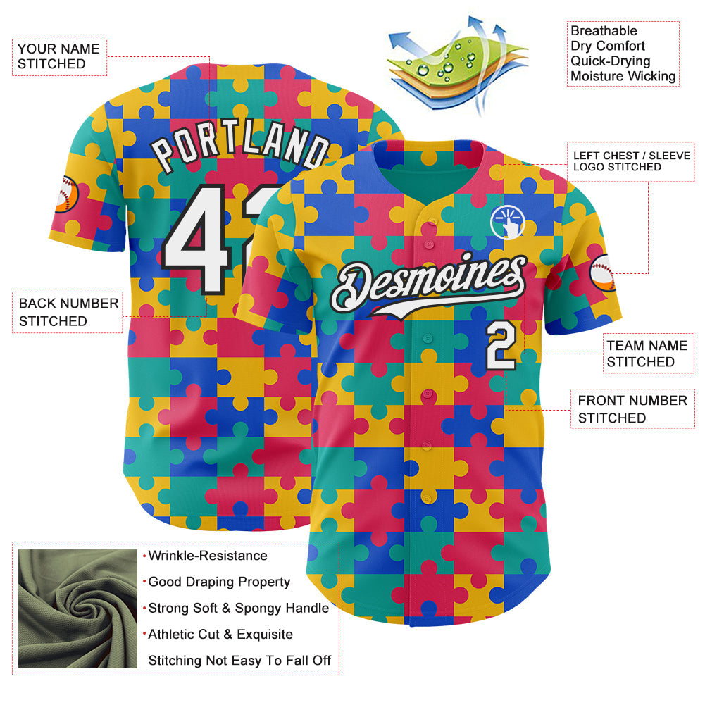 Custom Teal White-Black Puzzle 3D Pattern Design Authentic Baseball Jersey