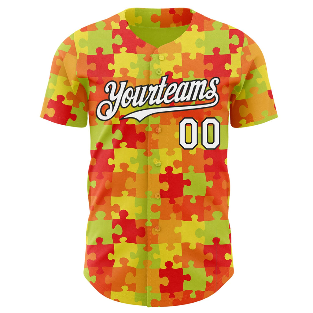 Custom Green White Red-Black Puzzle 3D Pattern Design Authentic Baseball Jersey