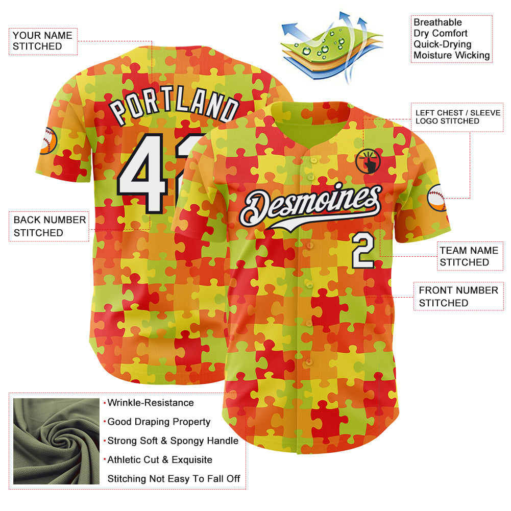 Custom Green White Red-Black Puzzle 3D Pattern Design Authentic Baseball Jersey