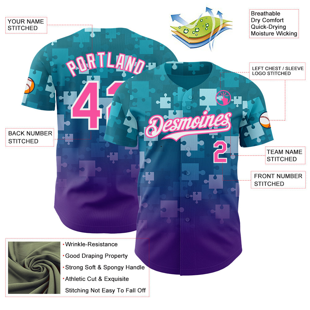 Custom Teal Pink Purple-White Gradient Puzzle 3D Pattern Design Authentic Baseball Jersey