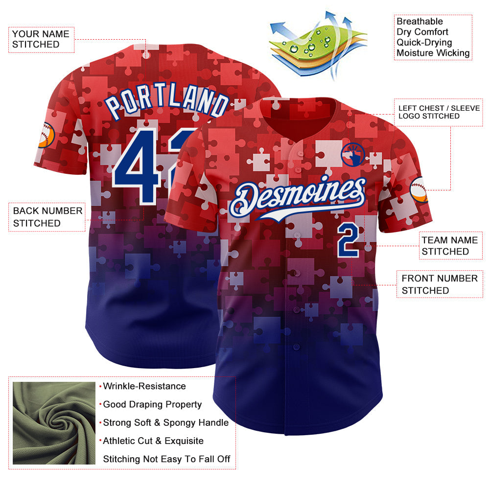 Custom Red Royal-White Gradient Puzzle 3D Pattern Design Authentic Baseball Jersey