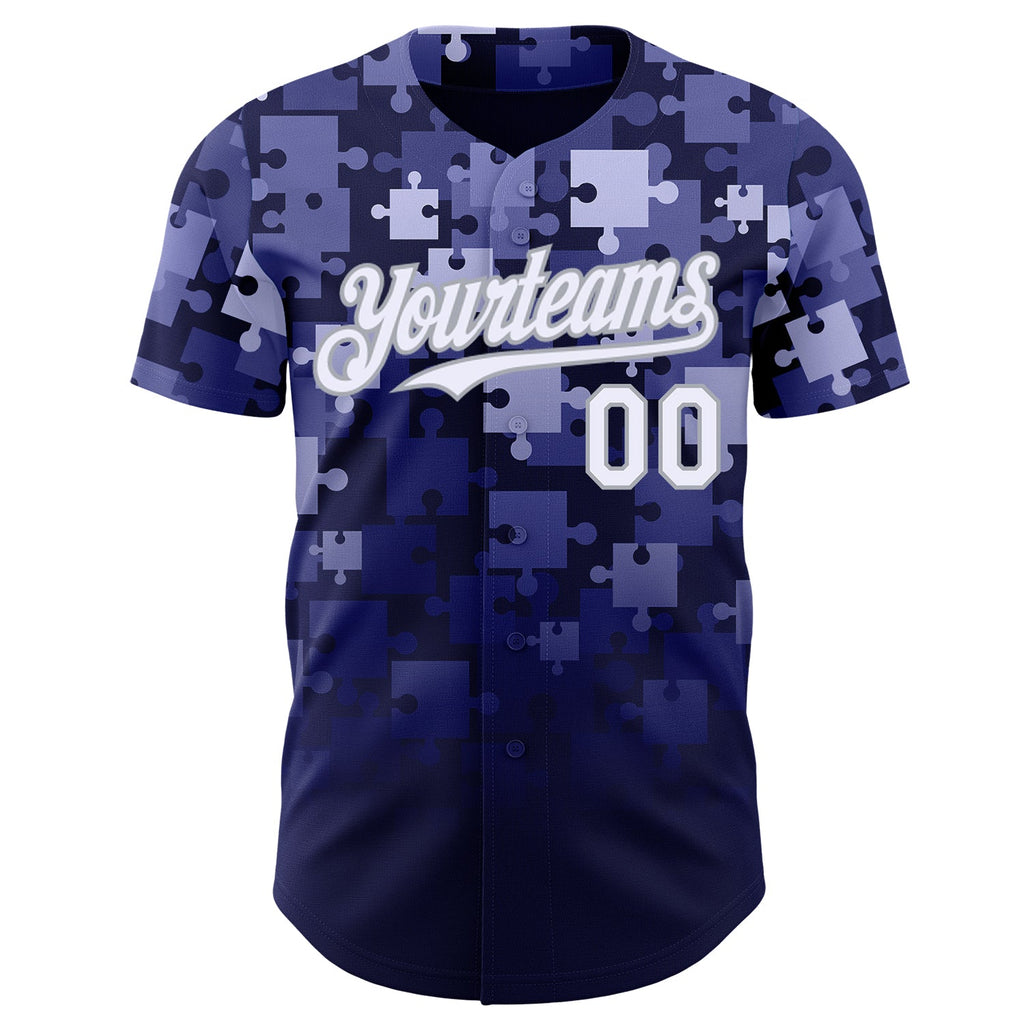 Custom Blue White Navy-Gray Gradient Puzzle 3D Pattern Design Authentic Baseball Jersey