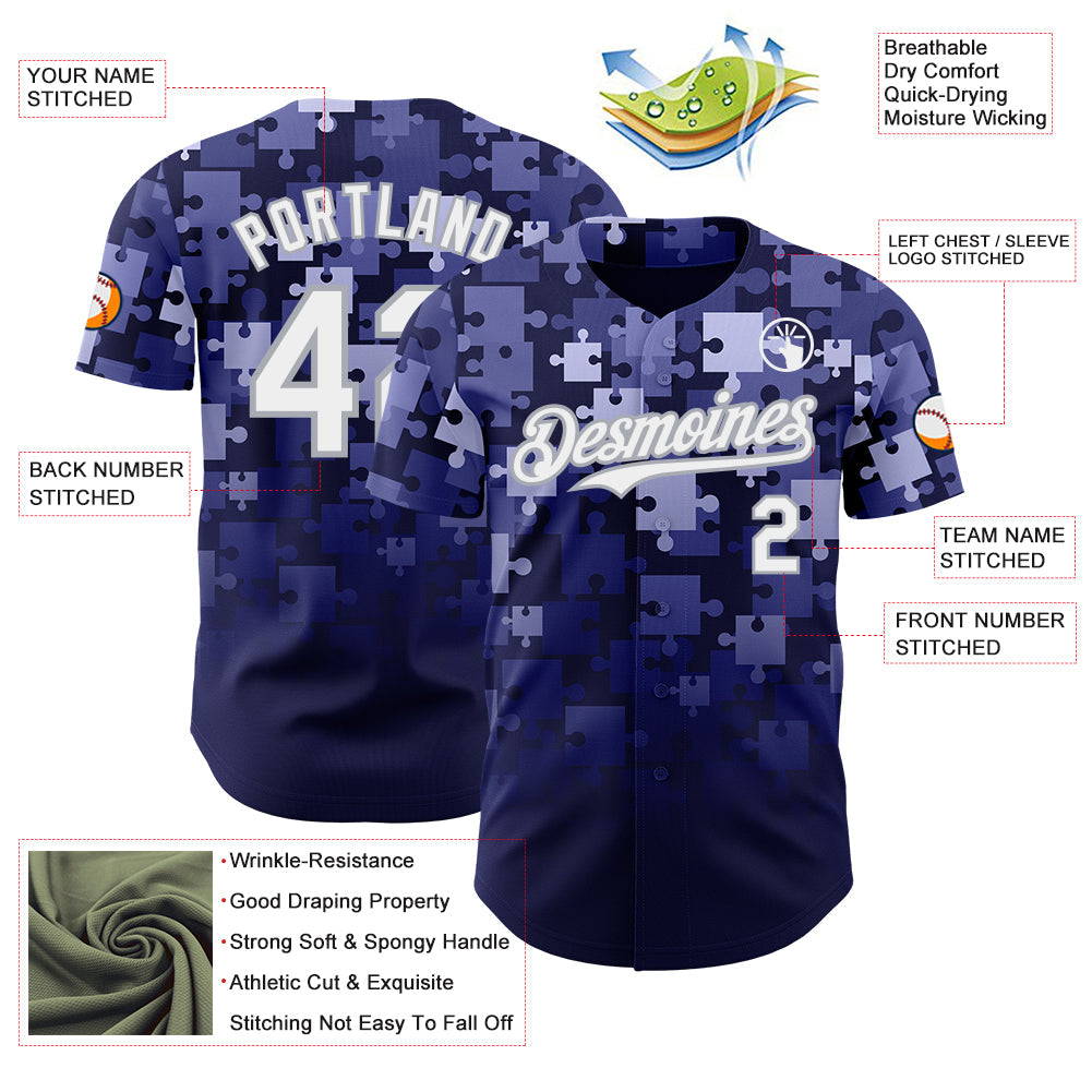 Custom Blue White Navy-Gray Gradient Puzzle 3D Pattern Design Authentic Baseball Jersey