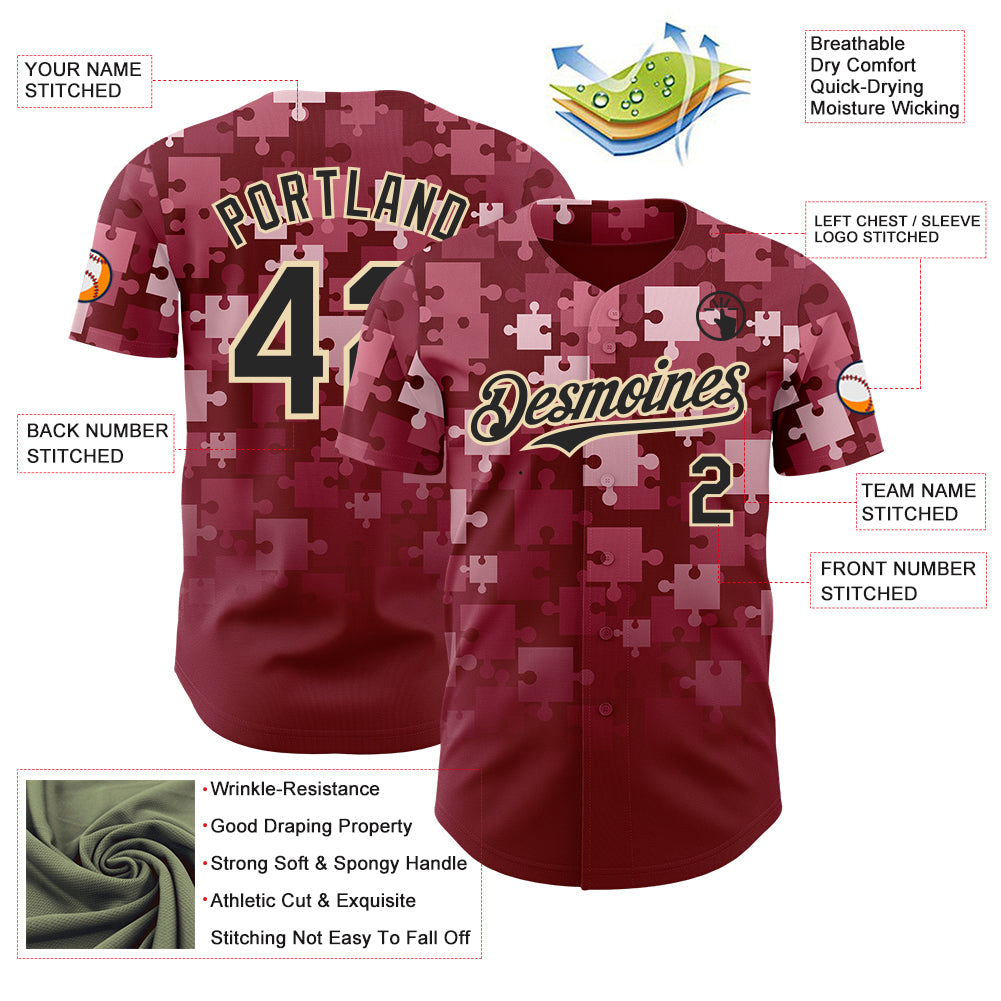 Custom Crimson Black-Cream Puzzle 3D Pattern Design Authentic Baseball Jersey
