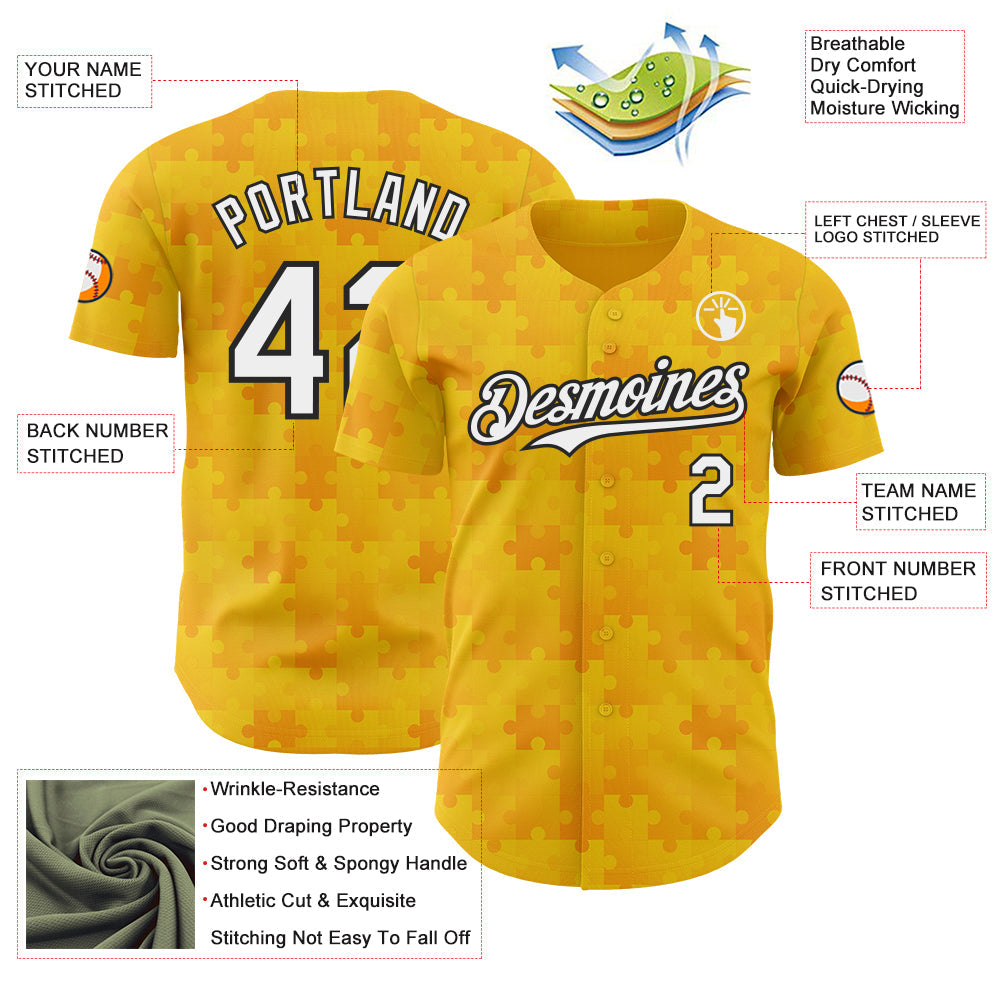 Custom Gold White-Black Puzzle 3D Pattern Design Authentic Baseball Jersey
