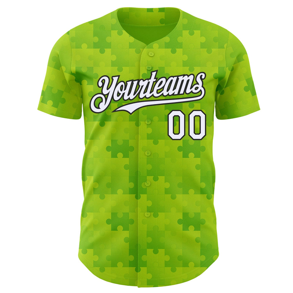 Custom Neon Green White-Black Puzzle 3D Pattern Design Authentic Baseball Jersey