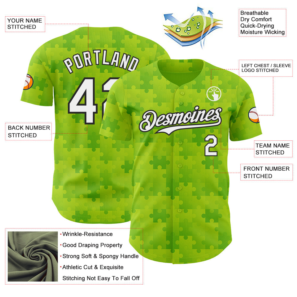Custom Neon Green White-Black Puzzle 3D Pattern Design Authentic Baseball Jersey