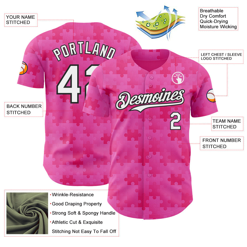 Custom Pink White-Black Puzzle 3D Pattern Design Authentic Baseball Jersey