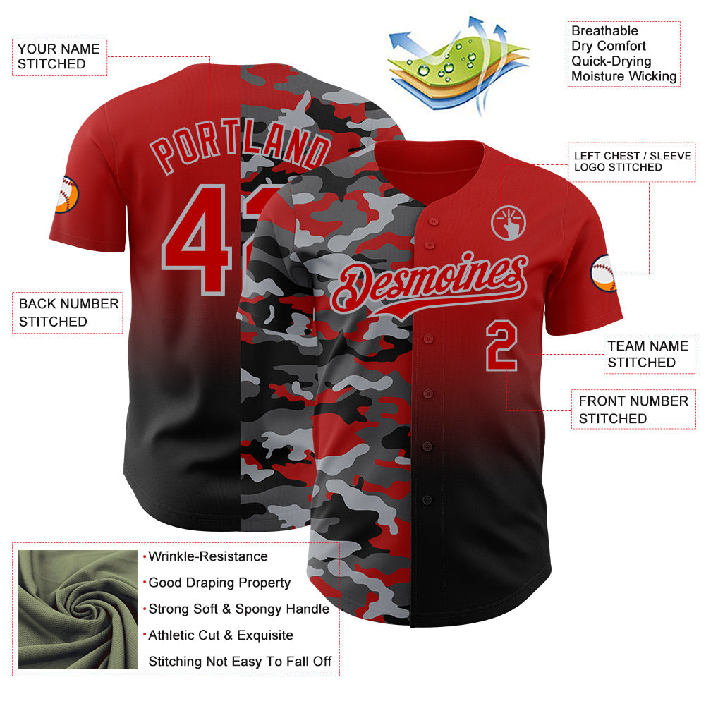 Custom Red Black-Gray Half Camo Ombre Authentic Baseball Jersey