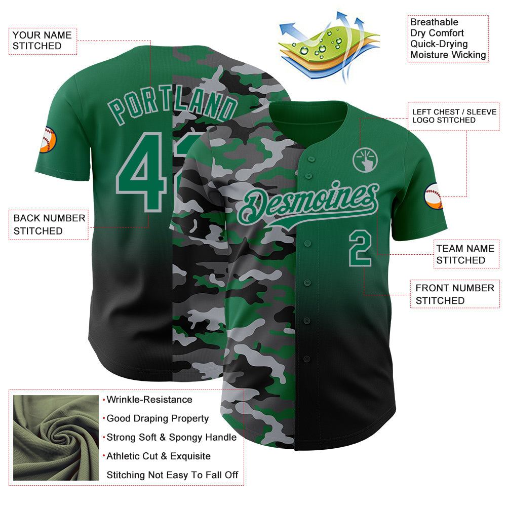 Custom Kelly Green Black-Gray Half Camo Ombre Authentic Baseball Jersey