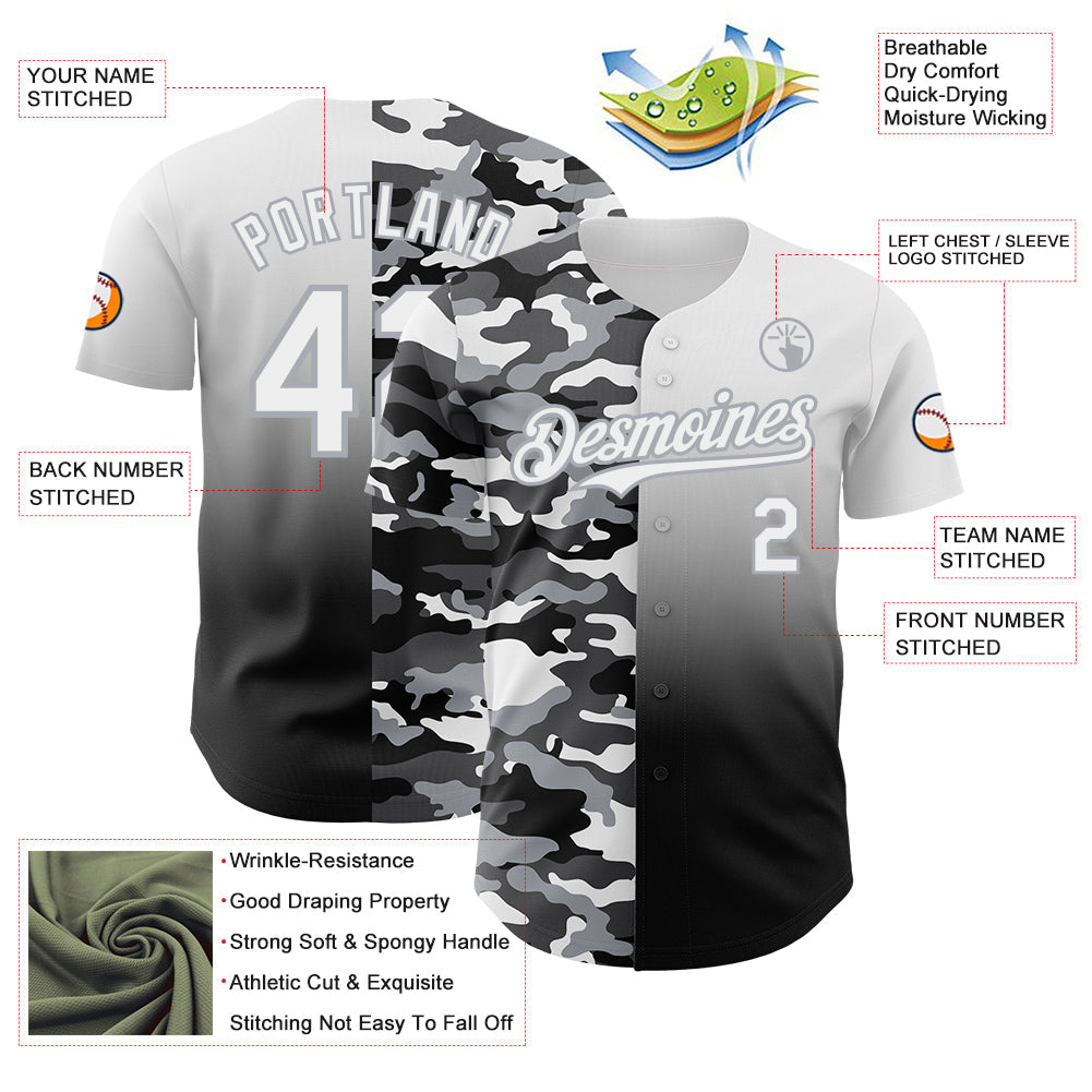 Custom White Black-Gray Half Camo Ombre Authentic Baseball Jersey
