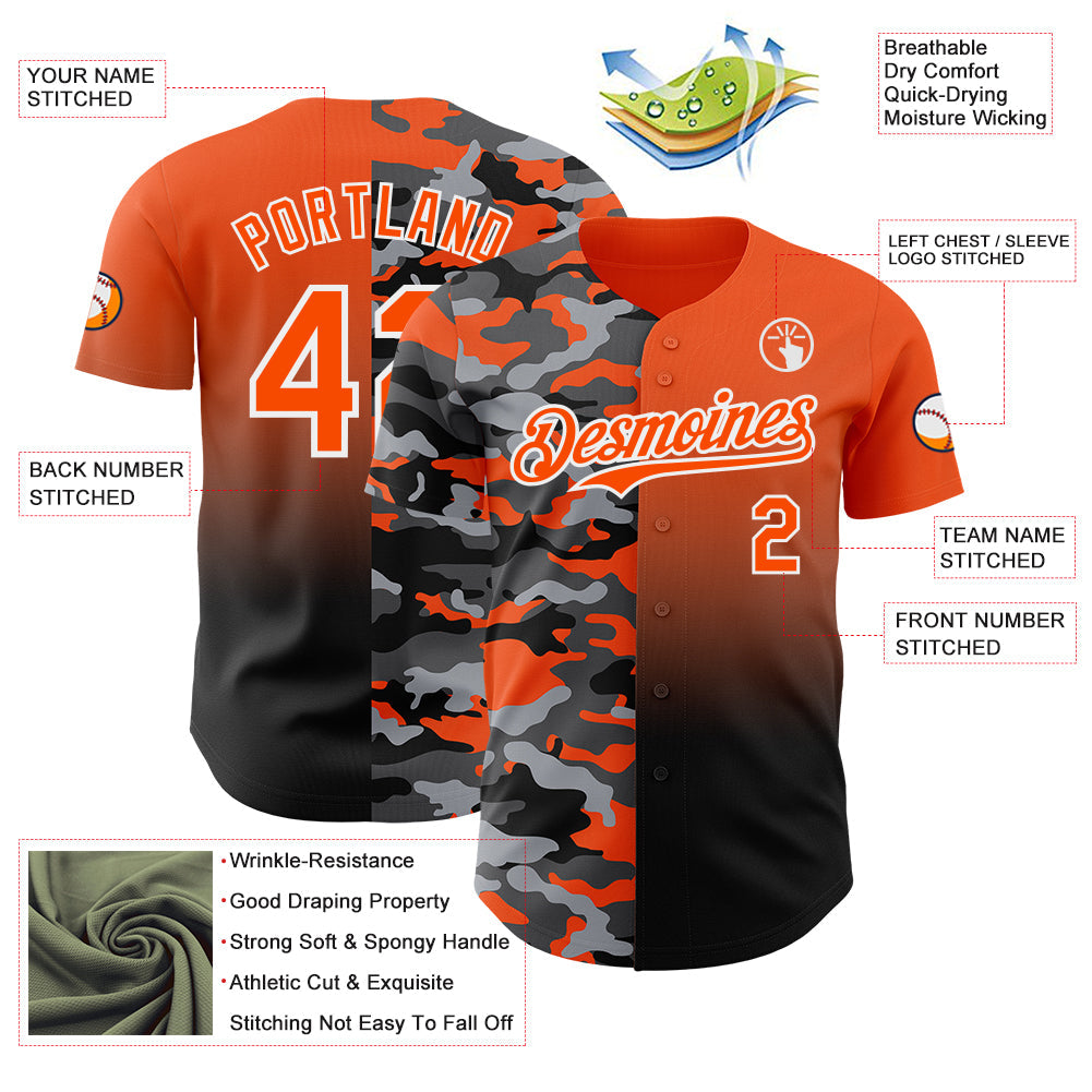 Custom Orange Black-White Half Camo Ombre Authentic Baseball Jersey