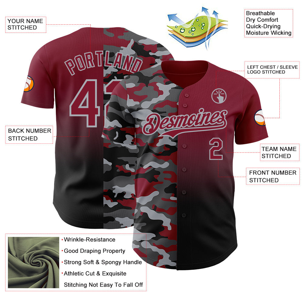 Custom Crimson Black-Gray Half Camo Ombre Authentic Baseball Jersey