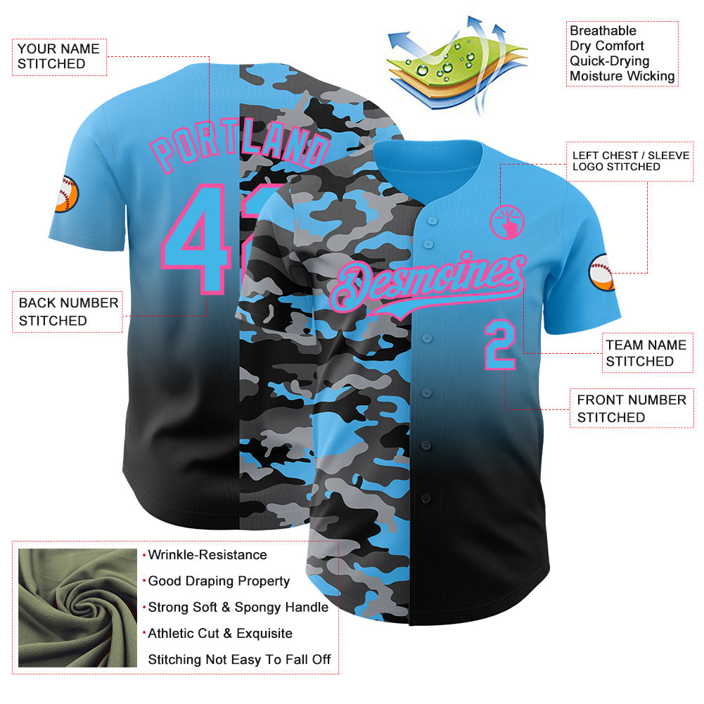 Custom Sky Blue Black-Pink Half Camo Ombre Authentic Baseball Jersey