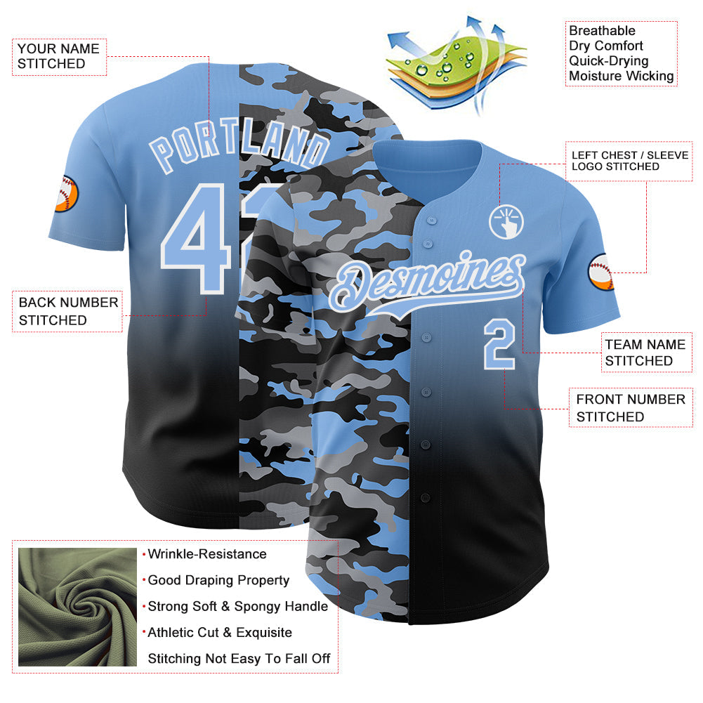 Custom Light Blue Black-White Half Camo Ombre Authentic Baseball Jersey