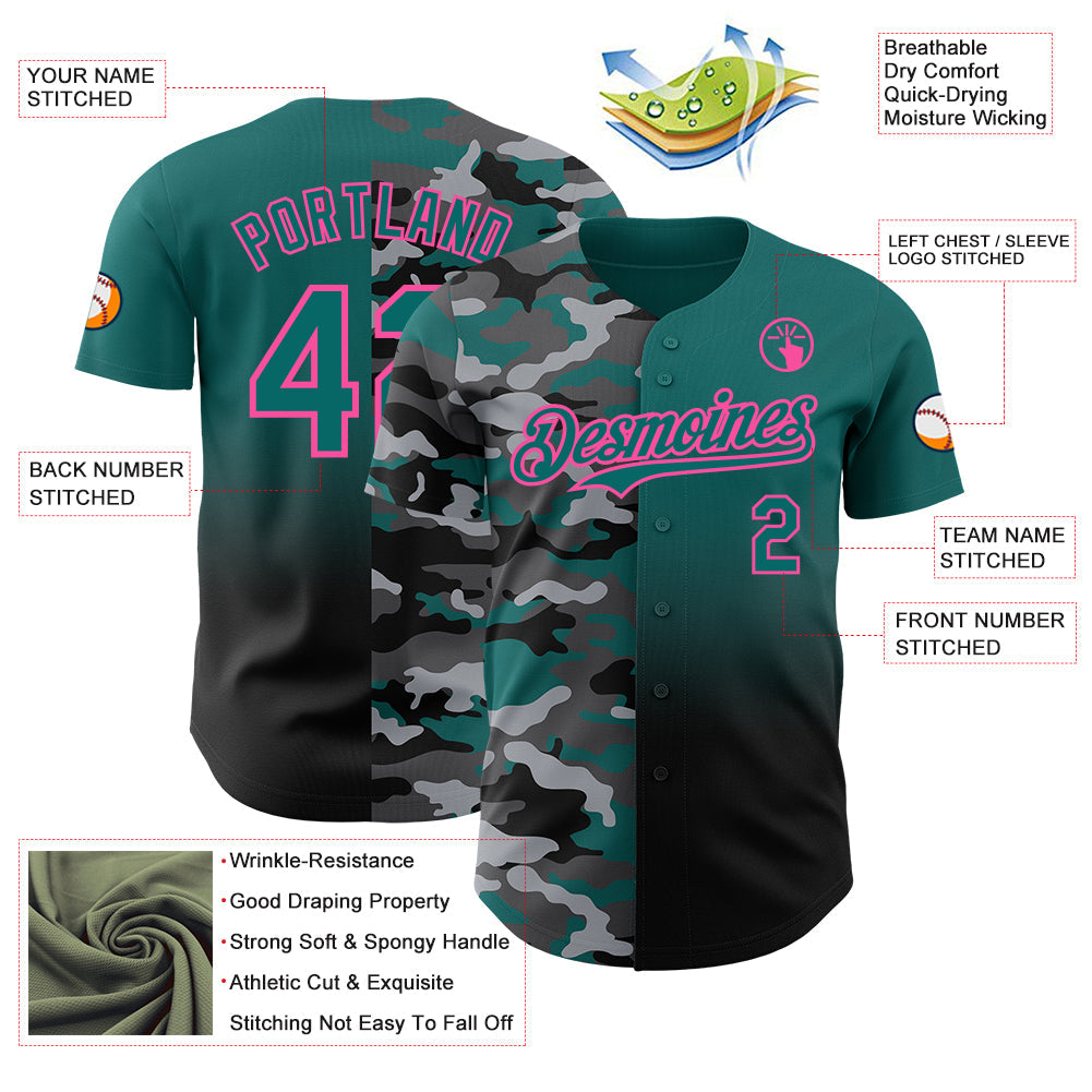 Custom Teal Black-Pink Half Camo Ombre Authentic Baseball Jersey