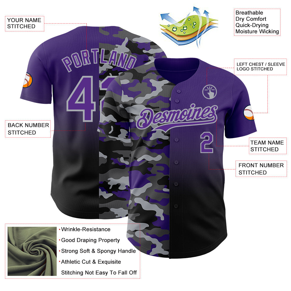 Custom Purple Black-Gray Half Camo Ombre Authentic Baseball Jersey