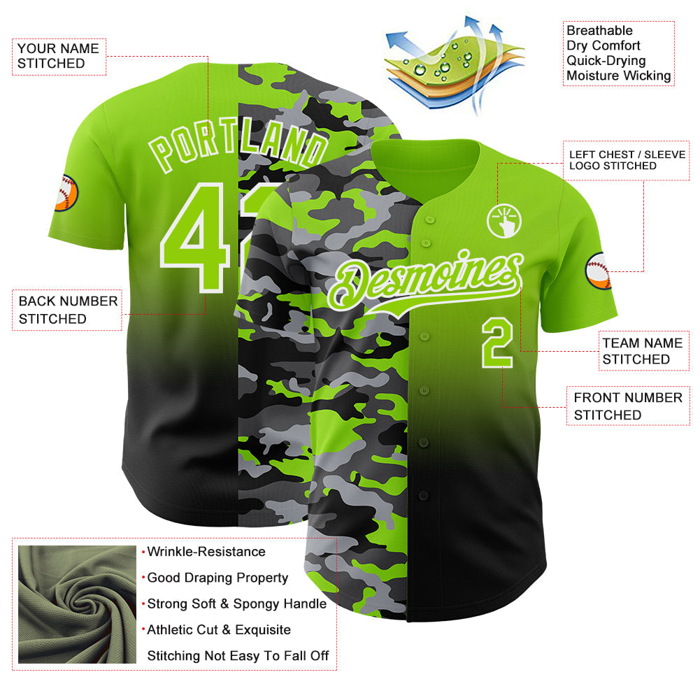 Custom Neon Green Black-White Half Camo Ombre Authentic Baseball Jersey