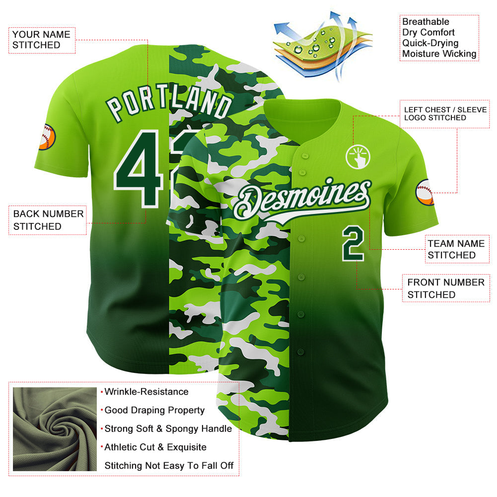 Custom Neon Green Green-White Half Camo Ombre Authentic Baseball Jersey