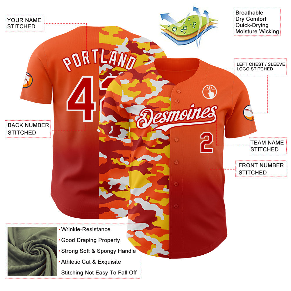Custom Orange Red-White Half Camo Ombre Authentic Baseball Jersey