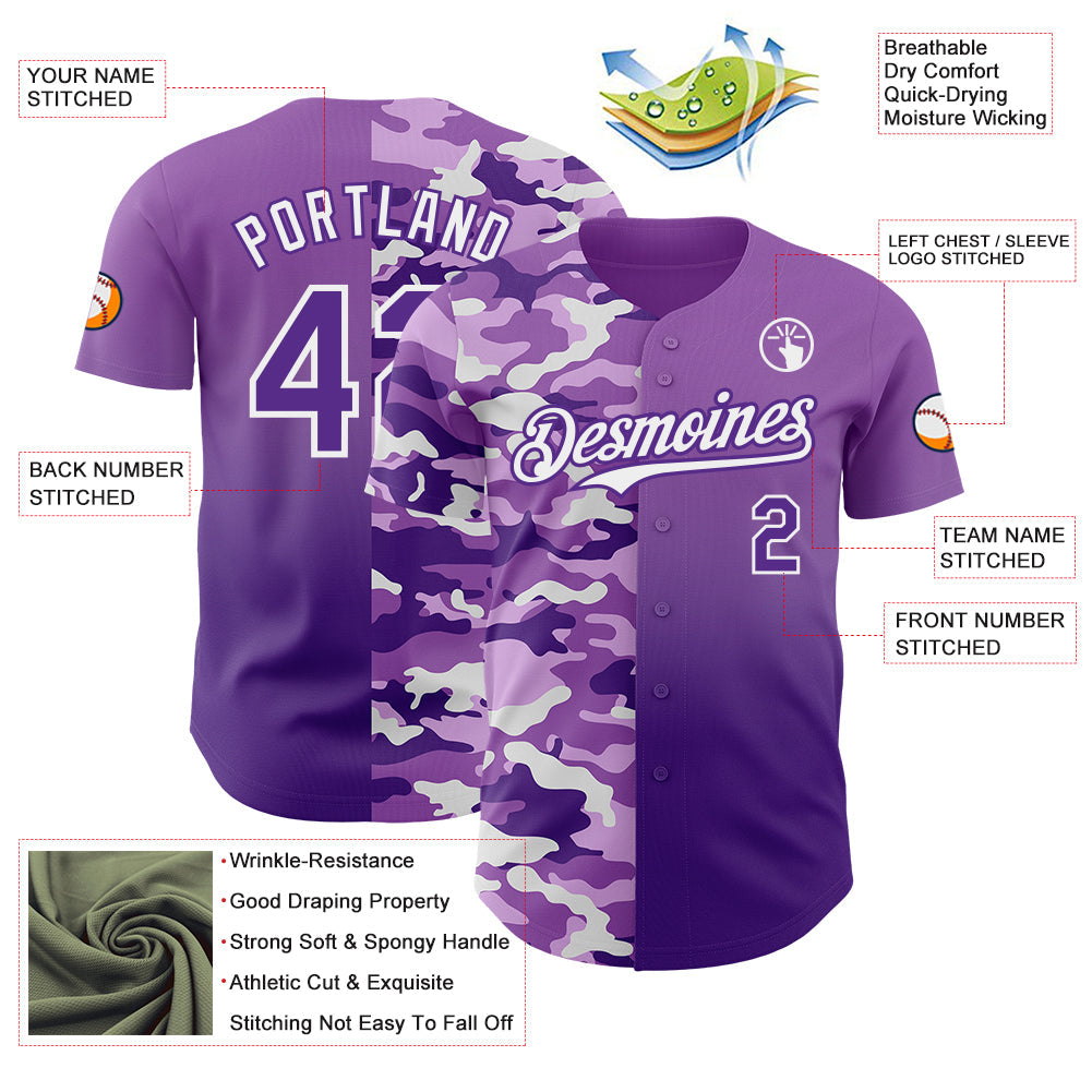 Custom Medium Purple Purple-White Half Camo Ombre Authentic Baseball Jersey