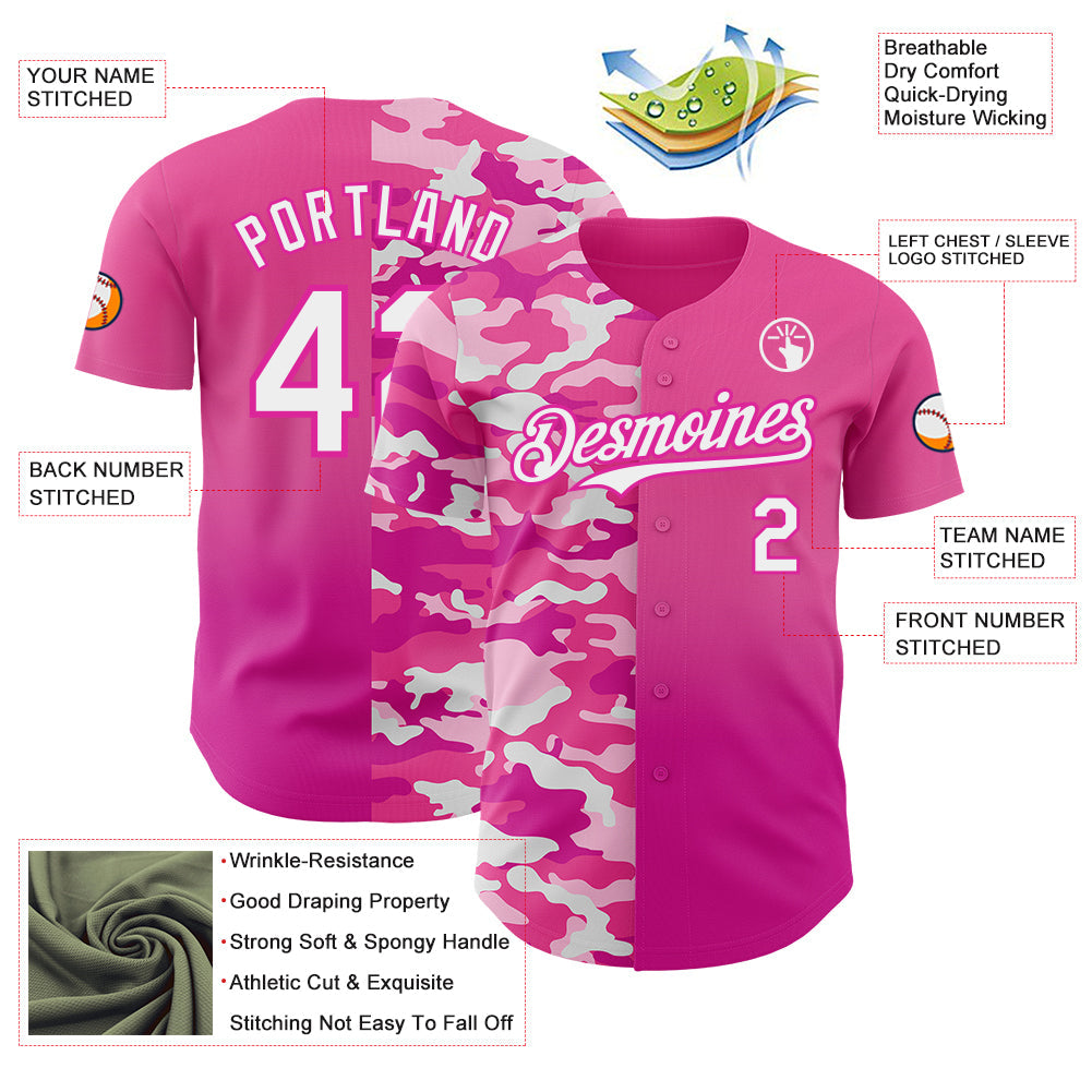 Custom Pink Deep Pink-White Half Camo Ombre Authentic Baseball Jersey