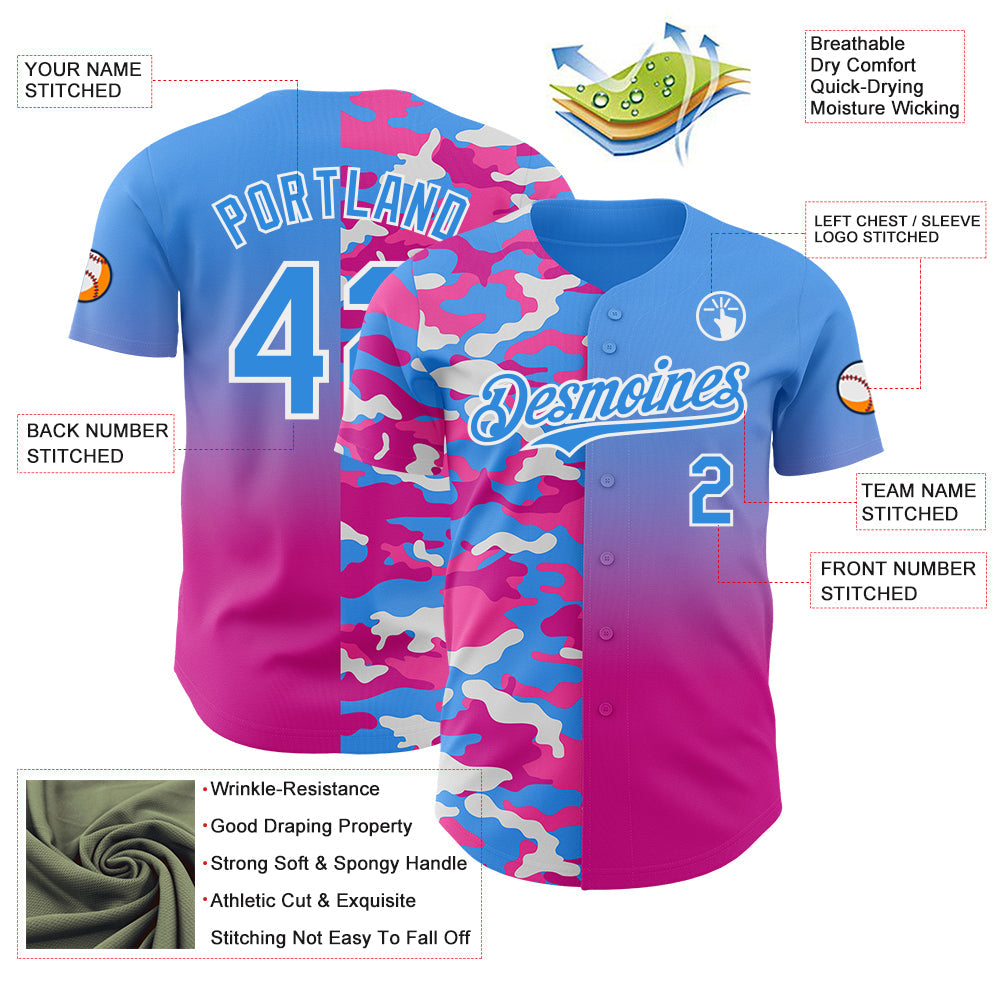 Custom Electric Blue Deep Pink-White Half Camo Ombre Authentic Baseball Jersey